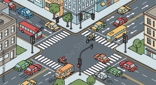 Isometric City Intersection with Cars, Buses, and Pedestrian Crossings.