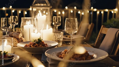 Elegant dinner table setting with candles and string lights at night
