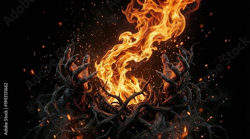 Dark fantasy ritual scene showing twisted root hands summoning a blazing magical flame surrounded by sparks and embers.