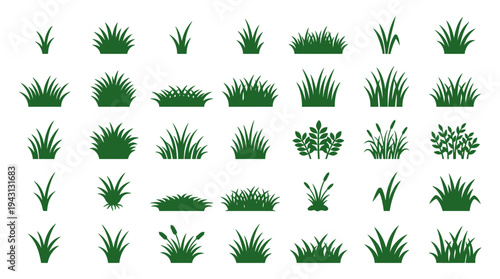 A collection of various green grass and plants icon set in a digital illustration style on a white background.