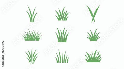 Vector illustration of various lawn grass icons in different styles and shapes.