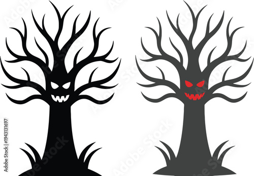Tree spooky Halloween icon illustration with ghostly faces and branches