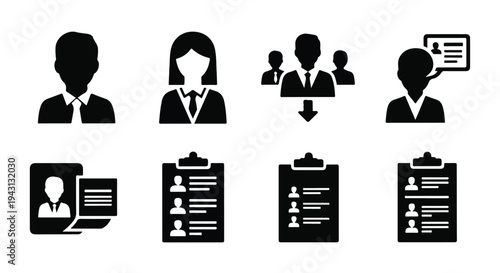 Set of 8 Black Silhouette Business People and Resume Icons Vector for HR, Recruitment, Profile, and Job Application Designs