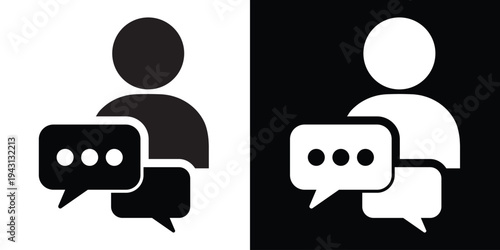 Customer support and user chat icon. A person silhouette with speech bubbles representing a help desk, live agent, consultant, or social media interaction.