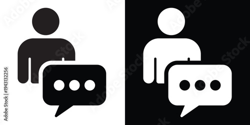 Customer support and user chat icon. A person silhouette with speech bubbles representing a help desk, live agent, consultant, or social media interaction.