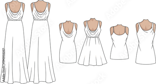 Five White Dresses with Different Styles and Lengths Illustrated on Mannequins fashion long