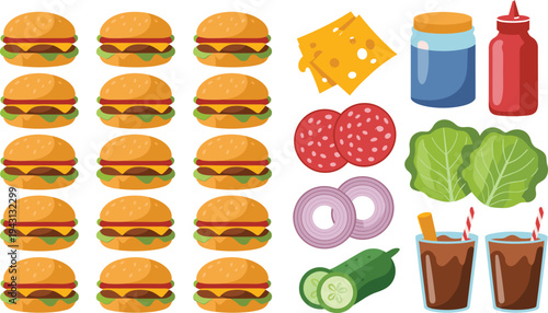 Burger Ingredients and Fast Food Vector Set Featuring Cheeseburgers, Fresh Vegetables, Condiments, and Soda Isolated on White Background