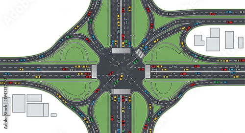 Aerial View of a Complex Roundabout Intersection with Traffic.