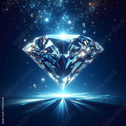 Huge faceted diamond with starlight, set against dark-blue space