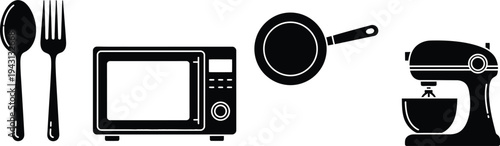 Kitchen icon set including microwave, utensils, and appliances silhouette
