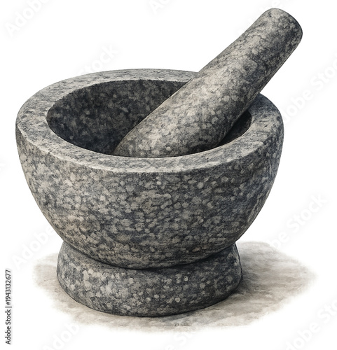 Stone mortar and pestle watercolor illustration isolated on transparent background