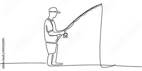 Fisherman Standing and Fishing with Rod Continuous One Line Vector