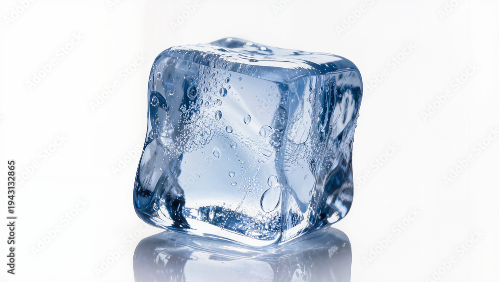 Obraz premium Melting Ice Cube with Water Drops on Reflective Surface