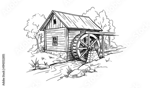 Old wooden water mill by forest river rough hand drawn sketch vector illustration