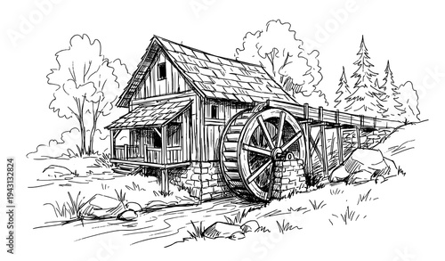 Vintage wooden water mill with wheel by forest river freehand sketch vector illustration