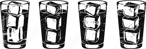 four glasses filled with water and ice cubes, simple monochrome illustration