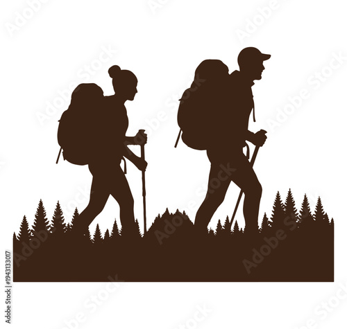 silhouette of two hikers walking through forest with backpacks and trekking poles  hiking