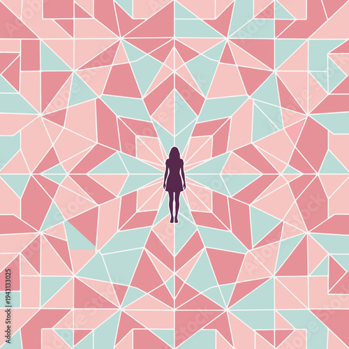 Abstract illustration of a woman's silhouette centered within a complex pink and mint geometric mosaic pattern, symmetry and individuality
