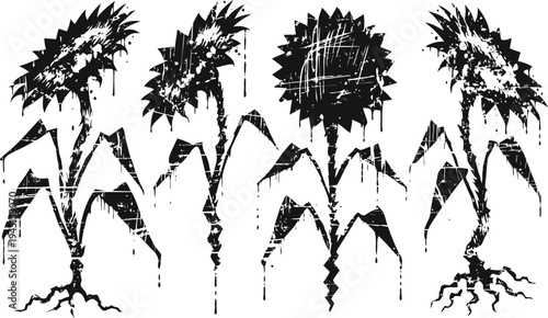 black and white distressed sunflower silhouettes with roots and leaves, rustic vintage botanical design