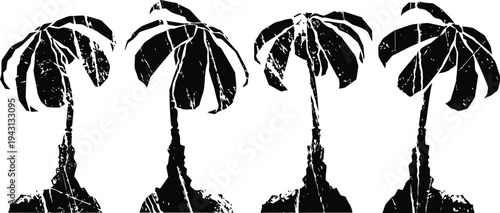 black and white silhouette of four palm trees in a row, tropical nature and beach scenery