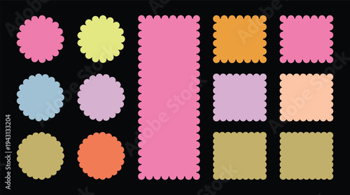 Zig zag wavy shape frames. Wavy circular, round and rectangular shape elements set. Geometric zig zag wavy labels, isolated on black background.