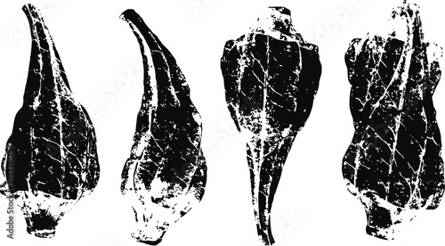 Four black and white basil leaf silhouettes with detailed veins isolated on white background