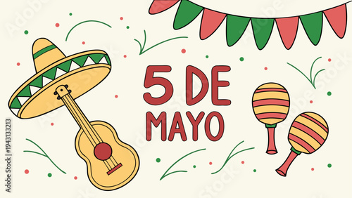 Colorful banner celebrating cinco de mayo with sombrero and maracas