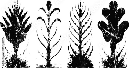 four different black silhouette plants with detailed leaves and roots on white background
