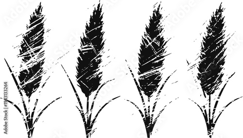 black wheat silhouettes with textured brushstroke effect, natural grain ears, agricultural harvest concept