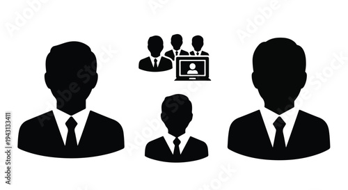Set of 5 black silhouette business people and online meeting icons vector, representing professional avatars, team collaboration, and digital communication for corporate presentations and web