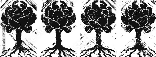 four stylized cabbage trees with visible roots black and white vector illustration of plants