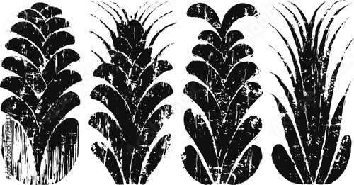 Black textured tropical pineapple silhouettes in a row with grunge and organic brush strokes