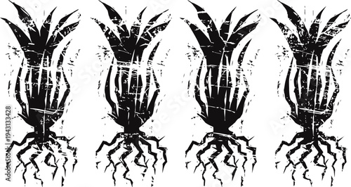 Four black abstract plants with roots and leaves in grunge expressive