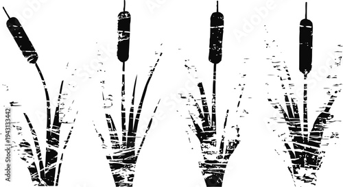four black and white cattail plants silhouette varying reed grass wetland nature elements