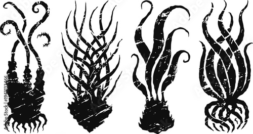 four black vintage squid silhouettes with curling tentacles isolated on white background