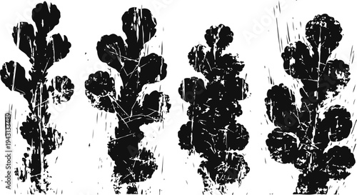 Abstract black ink blot cactus silhouettes with textured paint splatter background
