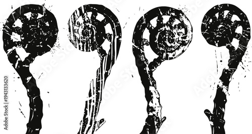 black and white artistic ink brush strokes resembling stylized fern fiddleheads with textured patterns and distressed effect
