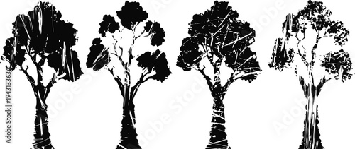 Black ink tree silhouette set with detailed textures and natural shapes on white background