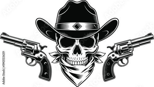 Vintage Wild West Outlaw Skull Wearing Cowboy Hat and Bandana with Two Crossed Revolvers Isolated on White Background Vector Illustration