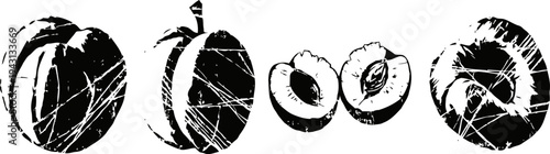 Whole and halved ripe plums with textured skin and juicy flesh isolated on white background