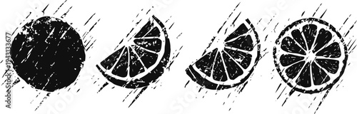 Grunge orange fruit set with whole, half, slice and wedge pieces in black and white