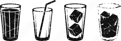 Four vintage glasses with beverages and ice cubes, one with a straw, retro ink sketch set