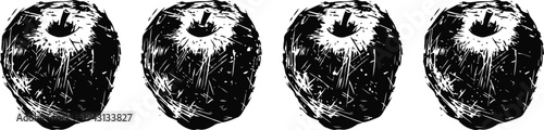 Illustration of four detailed black and white apples in a row on white background