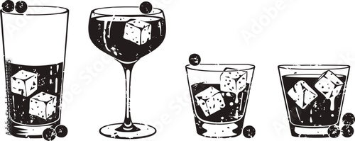 Classic cocktail collection with ice cubes and berries in various glasses