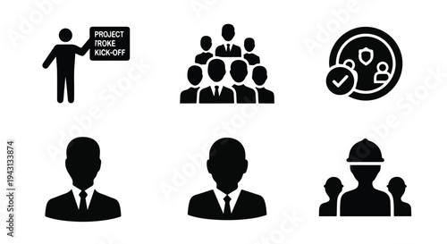 Set of 6 black glyph vector icons depicting business people, team collaboration, project management, and user security for corporate presentations and web design
