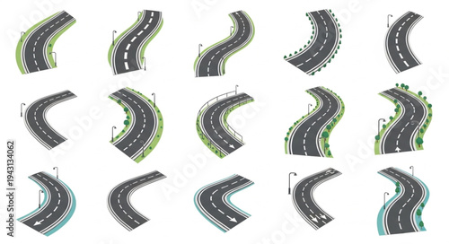 Collection of Curved Roads Isolated on White Background.