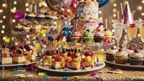 Festive dessert buffet with cake cupcakes and balloons