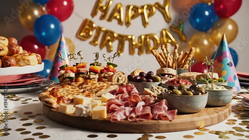 Festive food display with colorful balloons and happy birthday banner