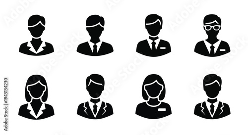 Set of 8 professional black silhouette avatar icons vector, featuring diverse business people, office workers, and user profiles for websites and applications
