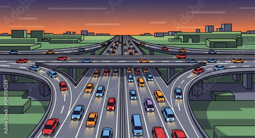 Aerial View of Highway Intersection with Cars at Dusk.